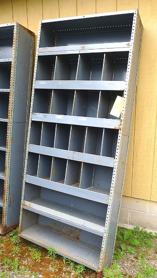 Metal shelving unit, approx. 3' w x 12" d x 89" h. Appears in nice shape.