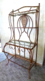 Metal framed wine rack with two glass shelves and a bottom wire shelf. Approx. 6' tall x 3' wide x