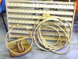 Beautiful handmade wooden spool rack, table top hoop stand and various hoops. Rack is 37-1/2