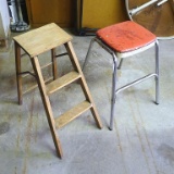 Vintage stool and wooden step ladder. Stool is approx. 11