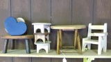 Wooden doll furniture incl heart stools, desk, heart and more. Desk is 10