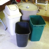 Rubbermaid kitchen waste can with lid, 2 waste baskets and Rubbermaid trash can with homemade wooden