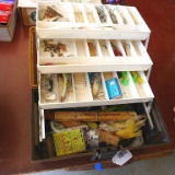 UMCO fishing 3 tray tackle box with assortment of fishing lures and more. Approx. 16