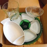 Pretty 7 pc Anchor relish tray set, Hall fish dish, decorative dish and more. Fish is 11