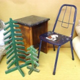 Wooden stand, Christmas theme chair and two wooden trees. Chair is 12