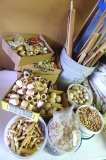 Large assortment of wooden pieces for craft projects. Includes little rolling pins, plugs, knobs and