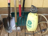 Backsaver snow shovel, weed sprayer, fork, edger and shovel.