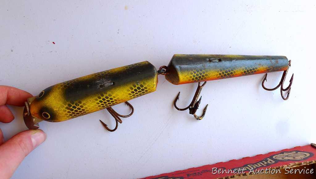 Three wooden fish lures up to 9 bodies; plus a