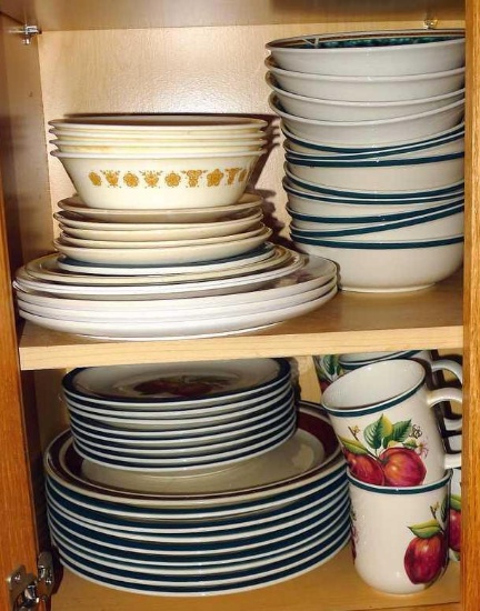 Apple patterned dish set includes eight plates, bowls and seven cups. Other dishes including Corelle