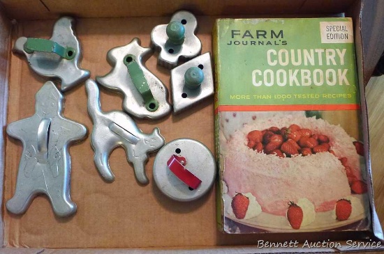 Vintage cookie cutters including a scary Halloween cat, chicken, gingerbread and more. Also, Farm