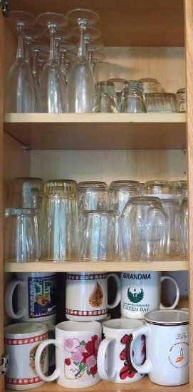 Assorted coffee cups, glasses, wine glasses, etc.