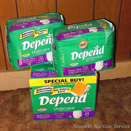 Three new packages of Depends underwear. All are size Extra Large, Super Plus Absorbency.