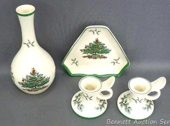 Spode Christmas Tree candle holders, 7-1/2" vase and small dish. Made in England.