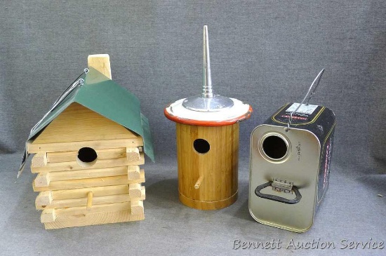 3 Unique birdhouses including log cabin, 10" x 7" x 8" and others. Donated by Dave & Kris Tickler.