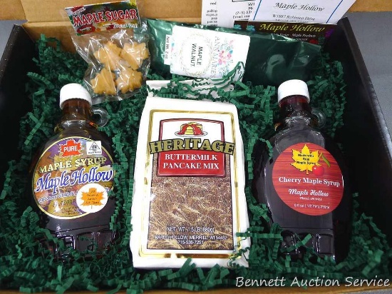 Gift box of maple syrup, buttermilk pancake mix and cherry maple syrup donated by Maple Hollow,