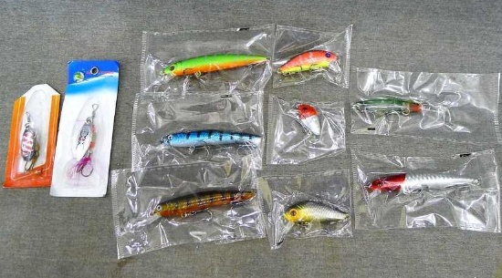 Assortment of NIP fishing lures are 3-1/4" long and are donated by BS Sports.