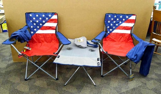 2 Guidesman Patriot Quad chairs appear new in bag and Ozark Trail High Tension travel table where