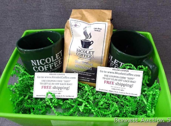 Small plastic tote of 2 Nicolet Coffee mugs; Dockside Morning Nicolet Coffee and "It's A Wisconsin
