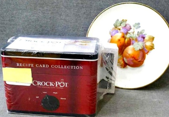 NIP Crockpot recipe tin with recipe cards and To Do List notepads; and 7-1/2" antique decorative
