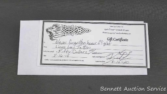 Gift certificate for $50.00 for Lion's Lair Tattoo, Tomahawk, WI. Donated by Lion's Lair Tattoo.