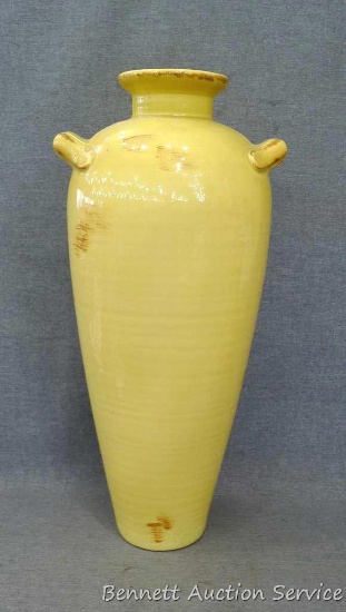 Large ceramic vase made in Dundee, IL, is 22" tall and donated by De-Mon Racing. Matches lot 942. No