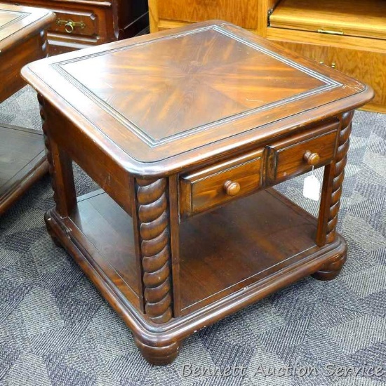 Wooden end table is 28" x 28" x 24' tall, have some nicks and scratches and are donated by Andrea &