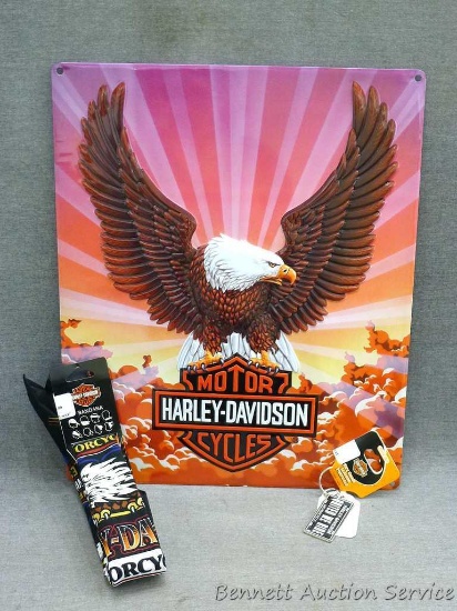 New Andy Rooney's Harley Davidson Eagle With Clouds metal sign is 14" x 17"; Harley Davidson
