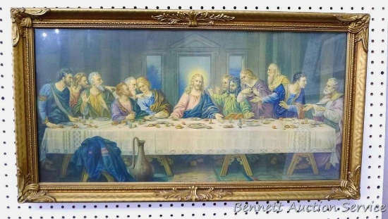 "Last Supper" print in gilded frame is 30-3/4" x 16-3/4", has some rips in paper backing and was