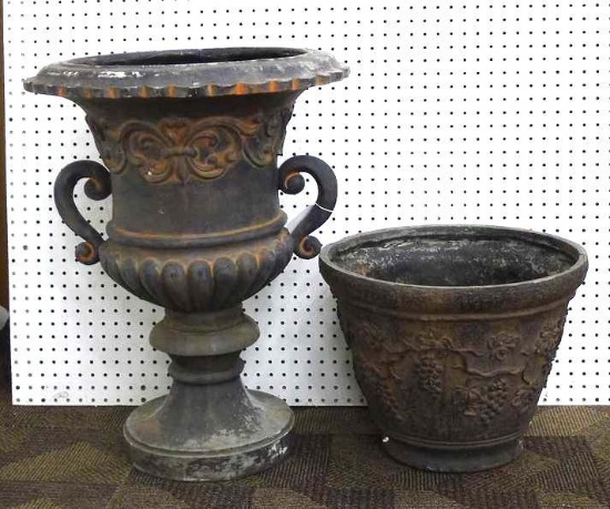 2 Fiberboard planters including 27" x 21-1/2" dia. urn and 14" x 18" dia. pot donated by Andrea &