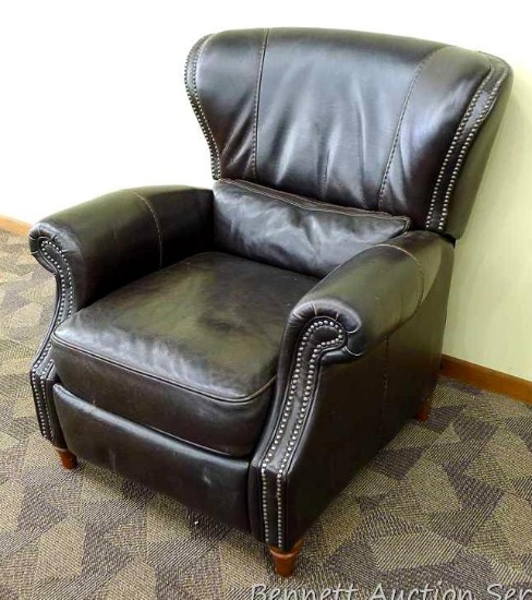 Leather Flex Steel push back recliner needs back foot repaired, is comfortable, has some nicks in