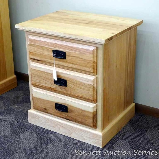 A America solid hickory night stand with metal drawer slides is 25" x 19-3/4" x 27-1/2" tall and
