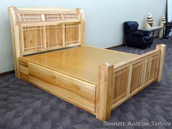 Impressive A America solid hickory king sized bed with 58" tall x 82" headboard, drawer with