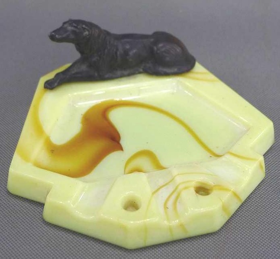 Original vintage Houze Glass Art Deco slag glass ash tray with greyhound or wolf hound accent. Ash