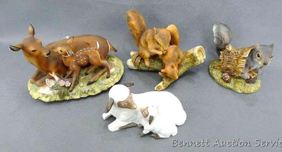 Three Homco and one other animal figurines including sheep with lamb, squirrel, squirrel with baby,