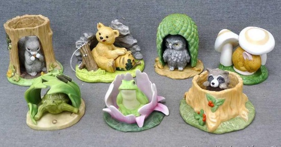 Seven Franklin Mint porcelain Woodland Surprises figurines including The Turtle, The Bear, The