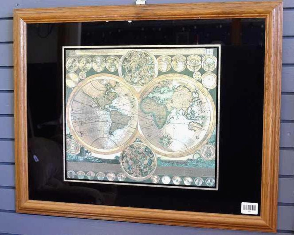 Lot Classic Framed World Globe Print Measures 25 X 31 Over Frame Classic Framed World Globe Print Measures 25 X 31 Over Frame
