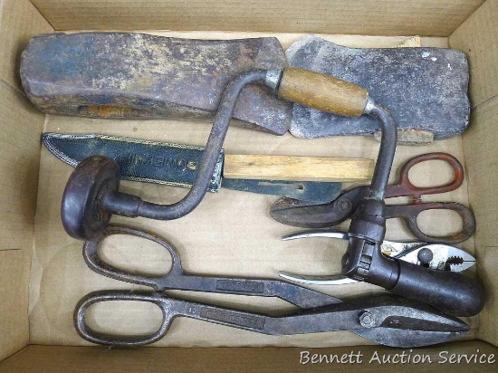 Large and small sheet metal shears; repaired brace; splitting maul and axe heads; more.