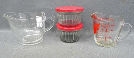 Vintage Spry measuring mixing pitcher measures up to 2 cups and two Kerr jelly jars with metal lids.