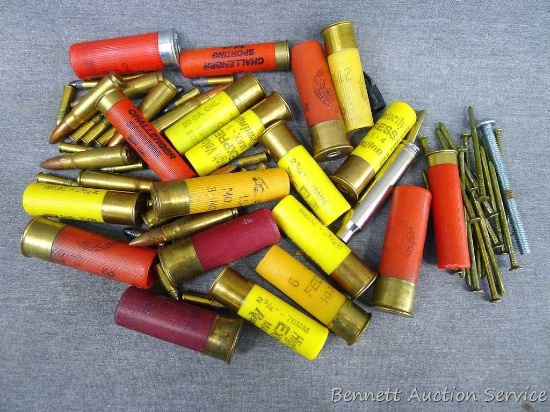 Mixed shotshells and cartridges incl 7.62 x 39, 12 gauge, 20 gauge, 28 gauge, .22LR, possibly