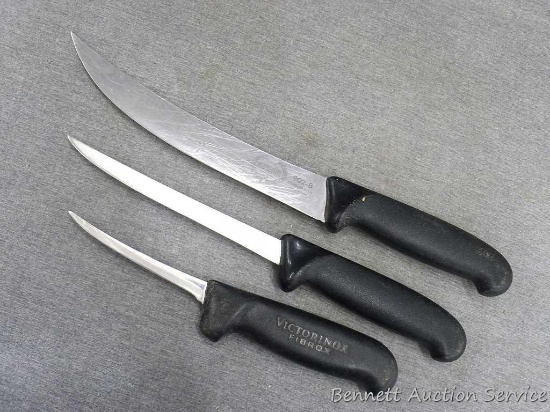 Set of 3 professional butcher knives; longest knife is 13" long; stainless steel; 2 are Keene and