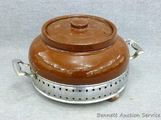 Unique stoneware beanpot with a metal trivet; pot measures 8" x 5-1/2"; pot is in good condition and