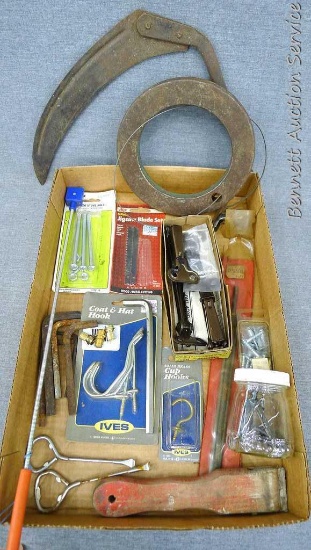 Stanley drop leaf table supports; hex wrenches; coat hooks; jig saw blades; files, screws, drill