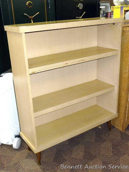 Wooden book shelf is approx 35" x 12" x 43" and needs tightening, otherwise in good condition.