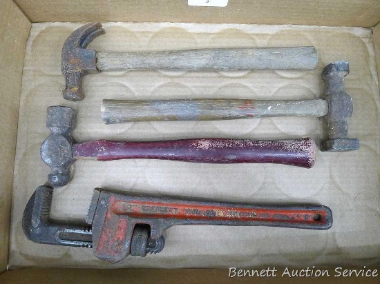 12" Crescent pipe wrench with good jaws and handle; claw, ball peen, and body hammer in poor to fair