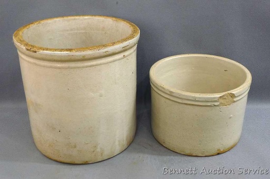 Small crock is 7" dia x 5" tall and has a chip out of top rim; larger crock is 8" dia. X 8" tall and