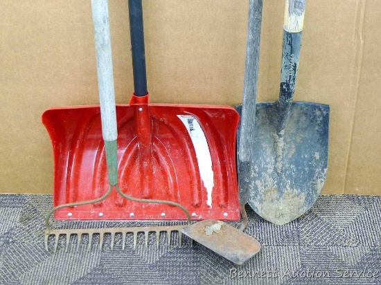 Plastic snow shovel is 16" wide; Temper spaded shovel; rake; and hoe. All appear in good working