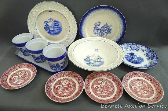 Blue Willow type plates and bowl and 3 planters on tray. Largest plate is 10" dia. No chips or