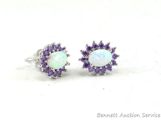 Seller's note states "Silver oval white fire opal with amethyst stud earrings".