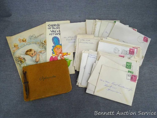 2 baby cards, one is a Hallmark with copyright 1940; autograph book with poems and wish you wells to
