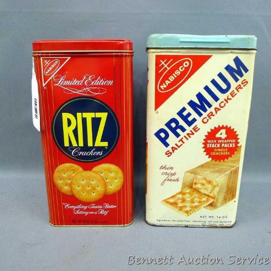 Ritz and Nabisco Premium Saltine Cracker tins are approx 9" x 4" x 4". Cracker tin has a dented top.